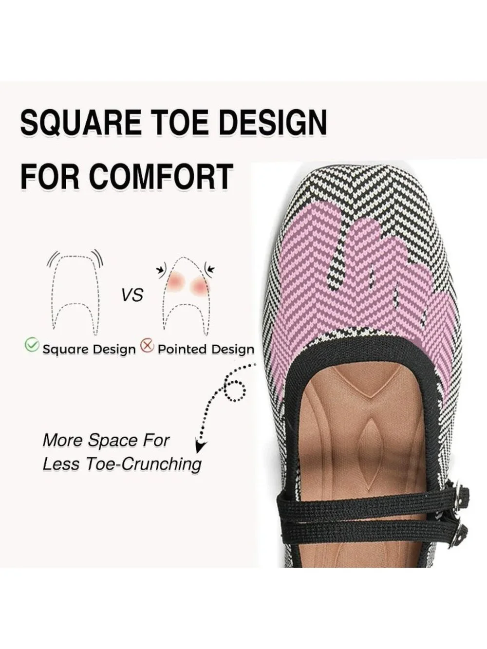Women's Grey Knit Square Toe Mary Jane Ballet Flats Foldable Buckle Strap Shoes